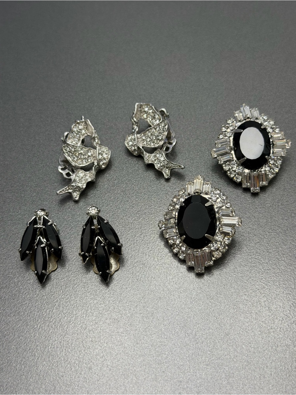 Vintage Clips Classic Black and Silver Cocktail Earrings Set